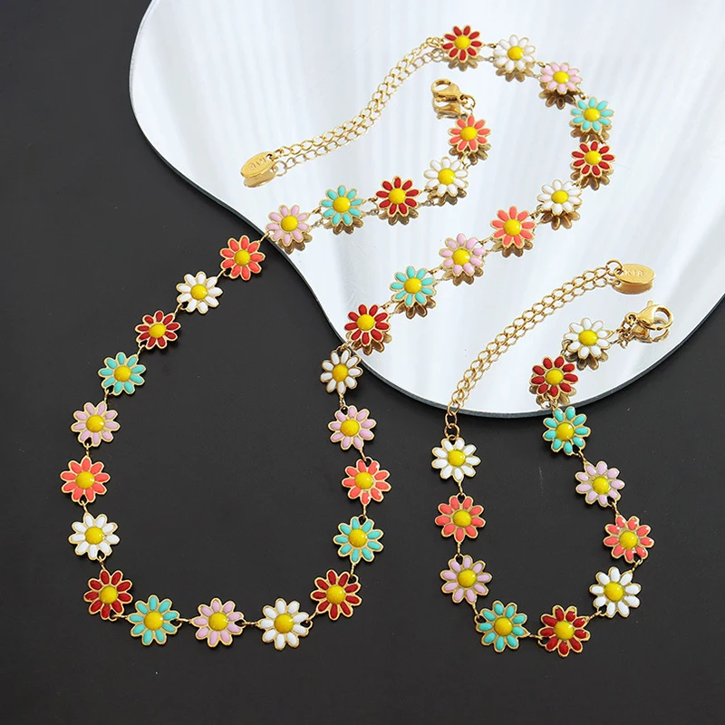 

YAONUAN Bohemian Pastoral Jewelry Sets For Women Colorful Drop Glaze Sunflower Gold Plated Necklace/Bracelet Stainless Steel