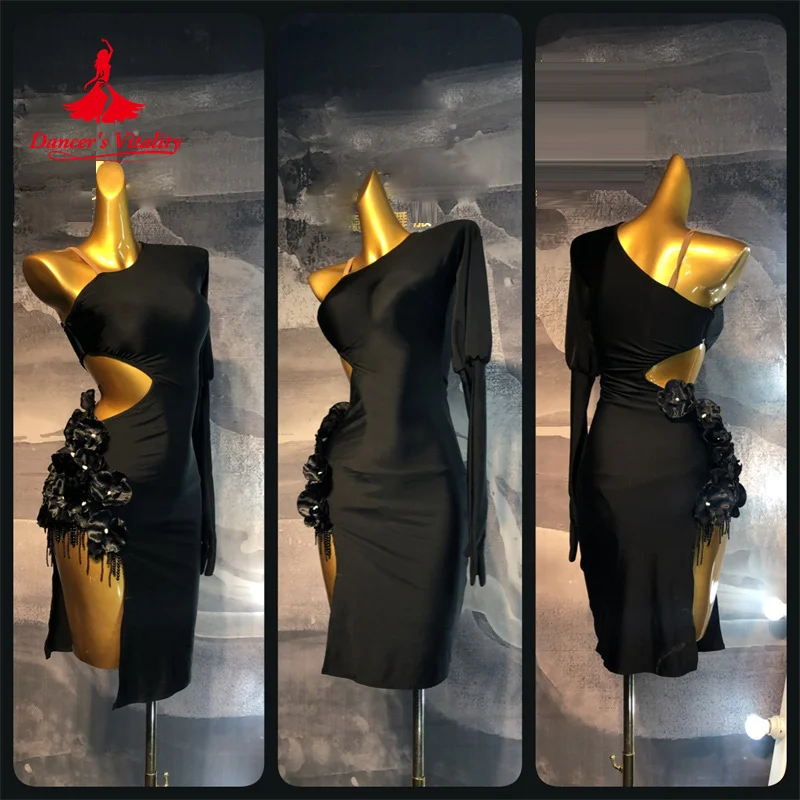 Женское платье из спандекса для латинских танцев с одним рукавом Rumba Chacha Tango