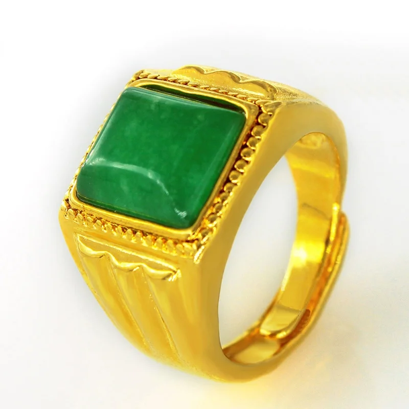 

Gold Plated Artificial Emerald Ring Men's Open Plated Gold Inlaid with Jade Square Ring Large Alluvial Gold Plated Plate Ring