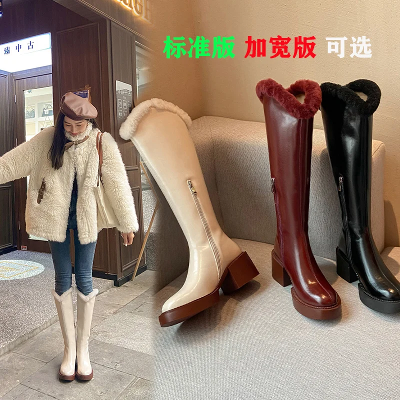 

Autumn and winter Women knee-high boots natural leather 22-25cm cowhide +wool modern boots side zip warm buckle western boots