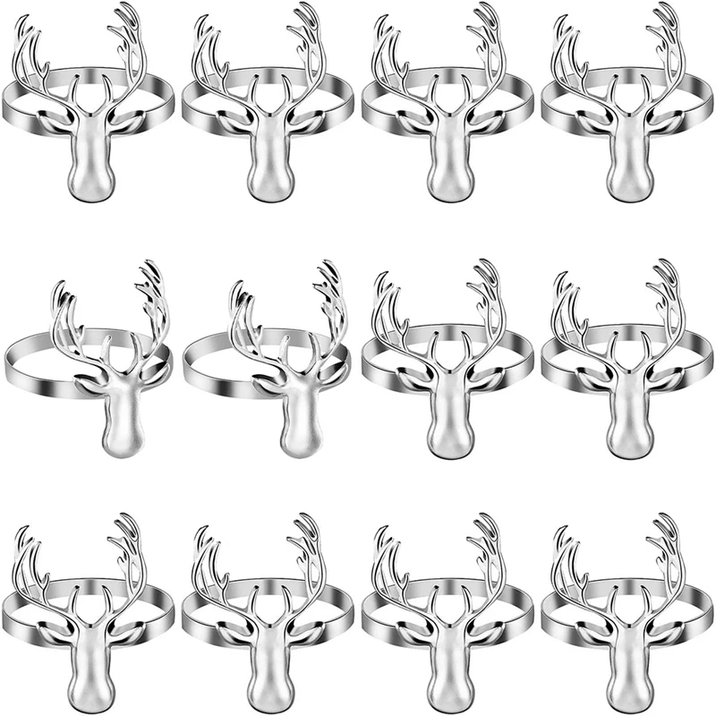 

HOT-Deer Napkin Rings Christmas Retro Deer Napkin Rings Metal Napkin Holders For Christmas Party Decoration (Silver,12Pcs)