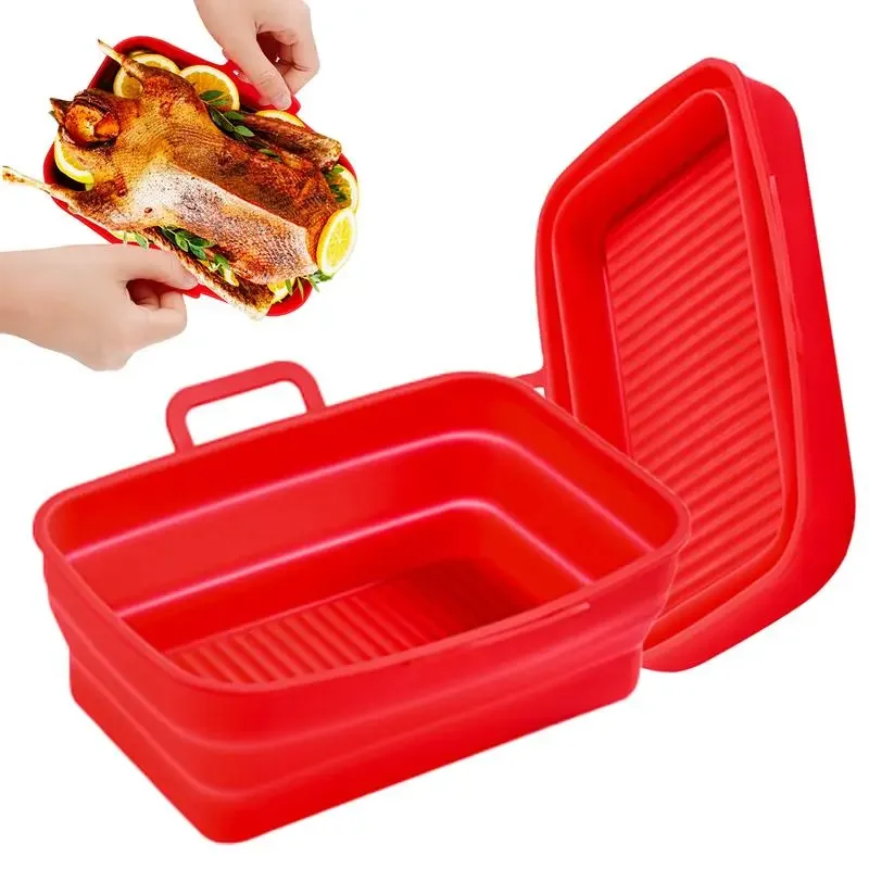 

Fryer Silicone Liners Rectangular Air Fryer Basket With Soft Silicone Grooves Air Fryer Silicone Liners Silicone Handles