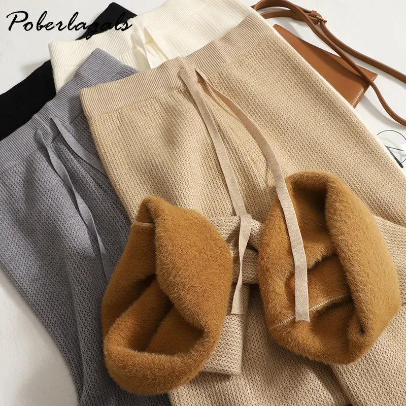 

Winter Drooping Knitted Casual Pants for Women 2022 Autumn High Waist Wide Leg Pants Women Plush Warm Straight Leg Floor Pants