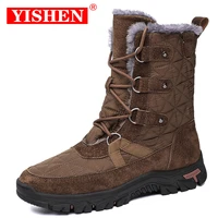 yishen snow boots men genuine leather shoes winter warm fur hiking boots suede waterproof ankle boots mid calf work shoes bottes
