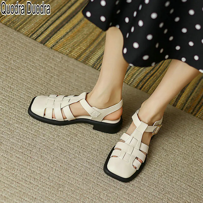 

Сандалии женские с квадратным носком, ажурные босоножки на толстой танкетке, повседневная обувь для офиса, с пряжкой, лето 2022