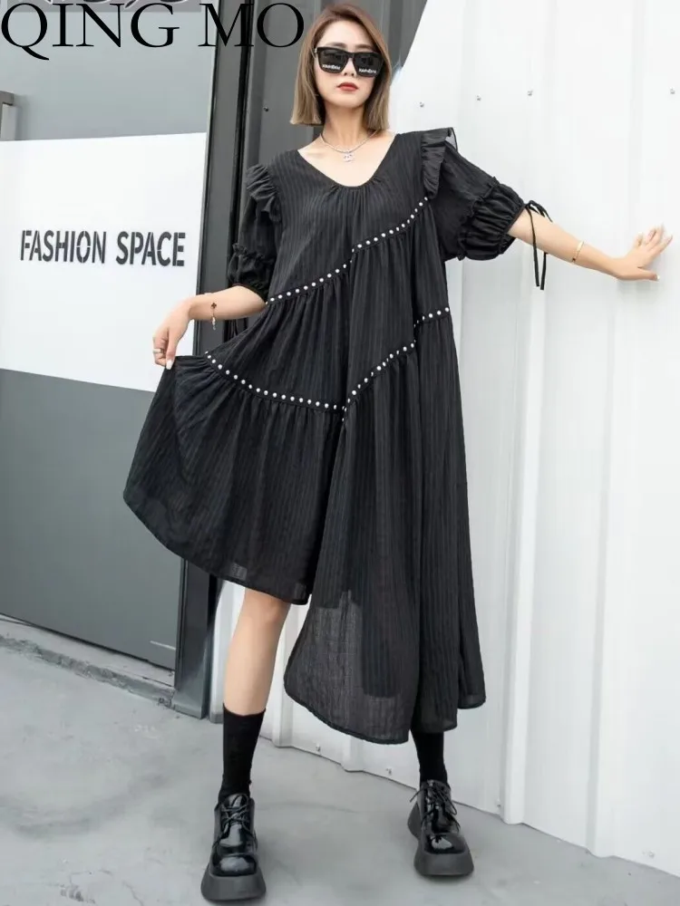 

QING MO Personalized Asymmetrical Dress Female Stitching V-neck Loose Fitting Short Sleeved Dress Women 2023 Summer New ZXF2681