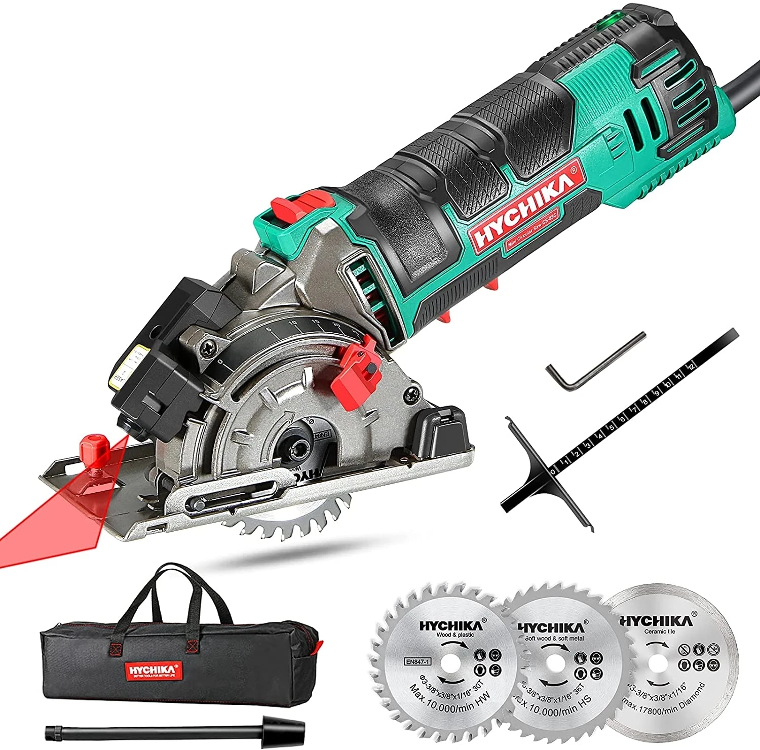 

New low price Compact Circular Saw, HYCHIKA Mini Cirucular Saw with 3 Saw Blades, Laser Guide, Scale Ruler, Metal wall plate