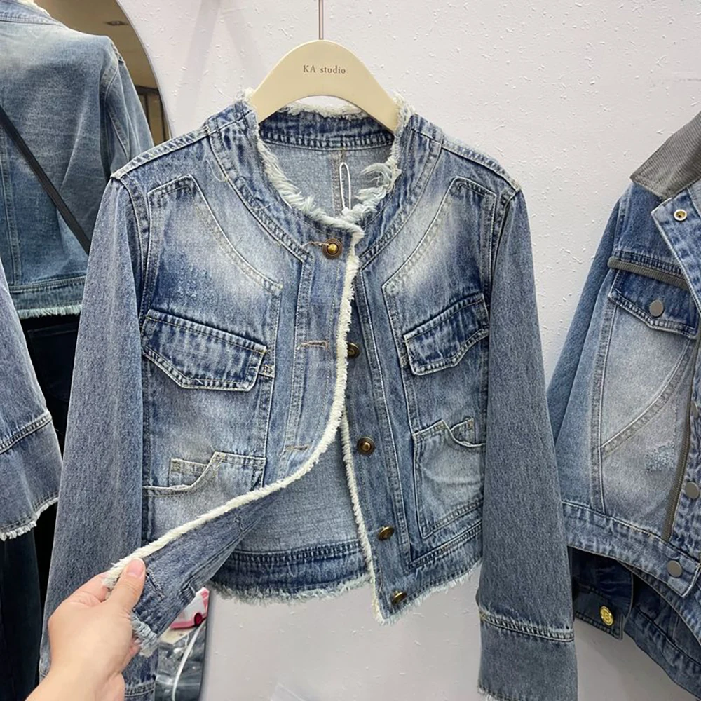 

Vintage Light Blue Denim Jacket for Women Spring Autumn Casual Single-breasted Cardigans Tassels Jean Coats Oversize Streetwear