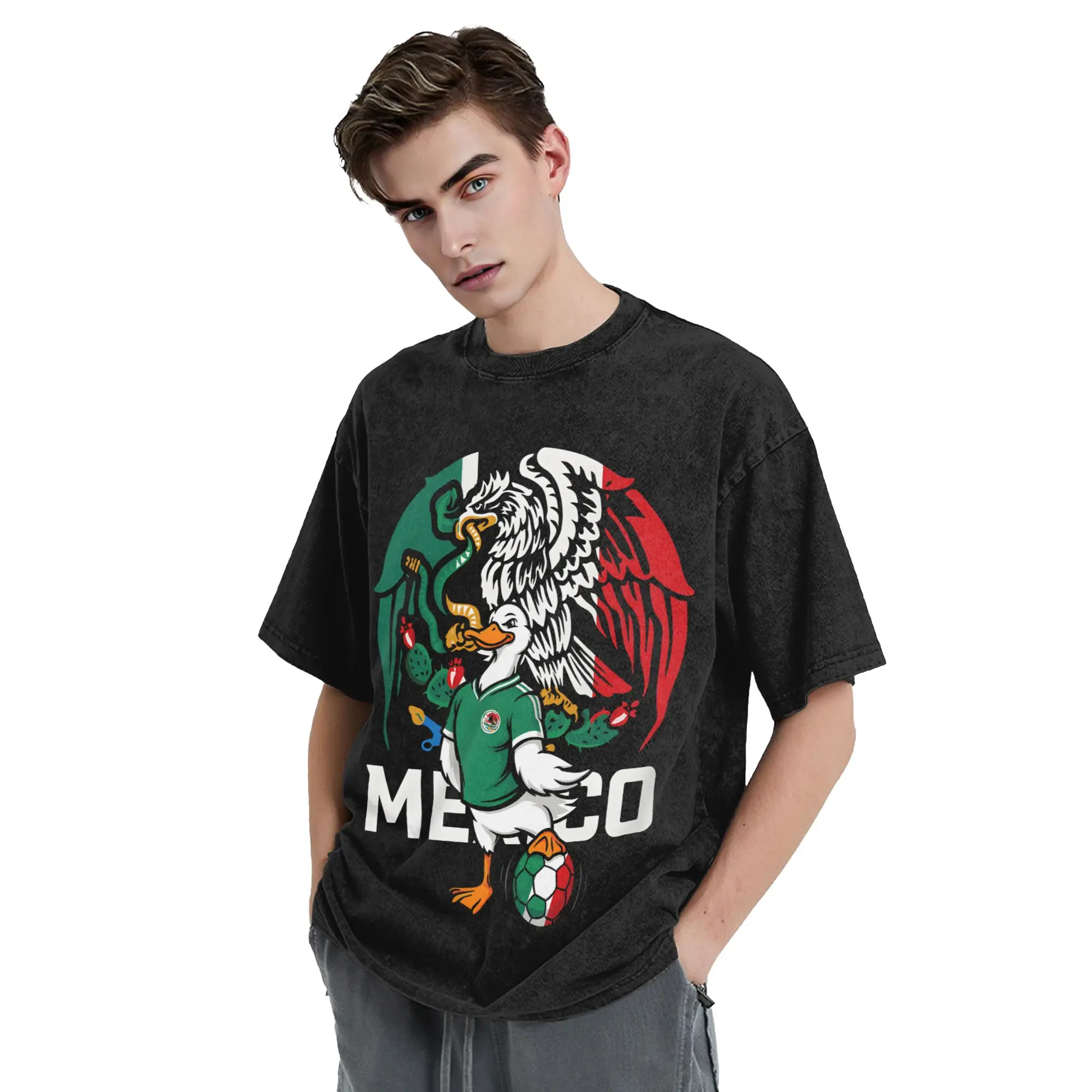 Фото Футболка Merlin The Duck Mexico Soccer в стиле хип-хоп, 100% хлопок, оверсайз, ретро, для мужчин и женщин, уличная одежда, лето №3