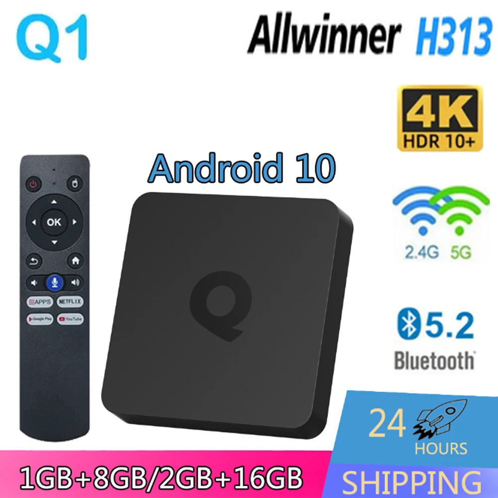 Q1 Android Smart TV Box Media Player Allwinner H313 QuadCore Android 10 2,4G + 5G Dual WiFi Bluetooth 100 4K HD LAN M Set Top Box