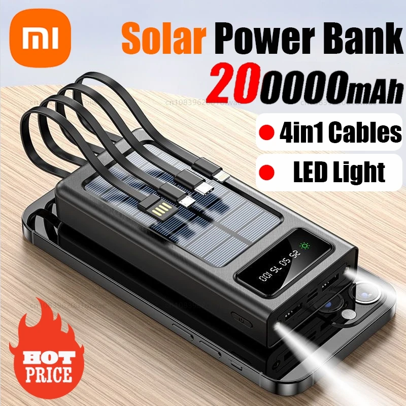 Фото Xiaomi 200000 mAh Solar Power Bank Ultra Capacity USB 4 в 1 Сверхбыстрая зарядка USB TypeC Светодиодный светильник Открытый Power Bank для iPhone №1