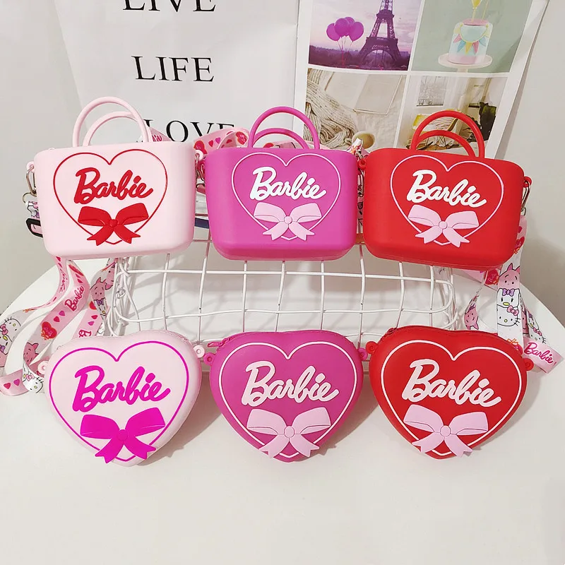 

Kawaii Barbie Coin Purse Pink Heart Shape Silicone Wallet Bags Accessories Shoulder Strap Kids Girls Toys for Children Gift