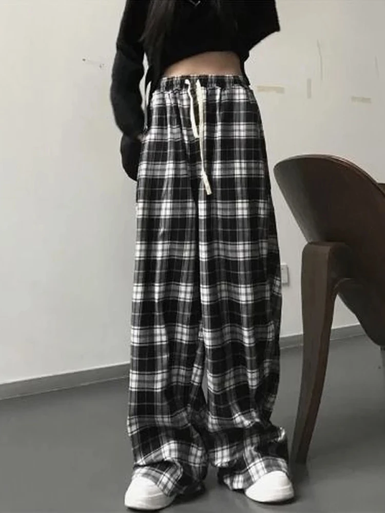 

Harajuku Oversize Plaid Pants Women Korean Fashion Black White Checked Trousers for Female Fall Wide Leg Sweatpants
