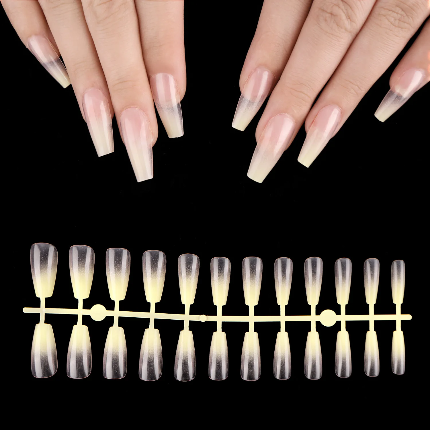 

24PCS/Box Mid-Long Nude Purple Candy Coffin False Nails Wearable Gradient Yellow Press on Finger nails Powder Fake Nails