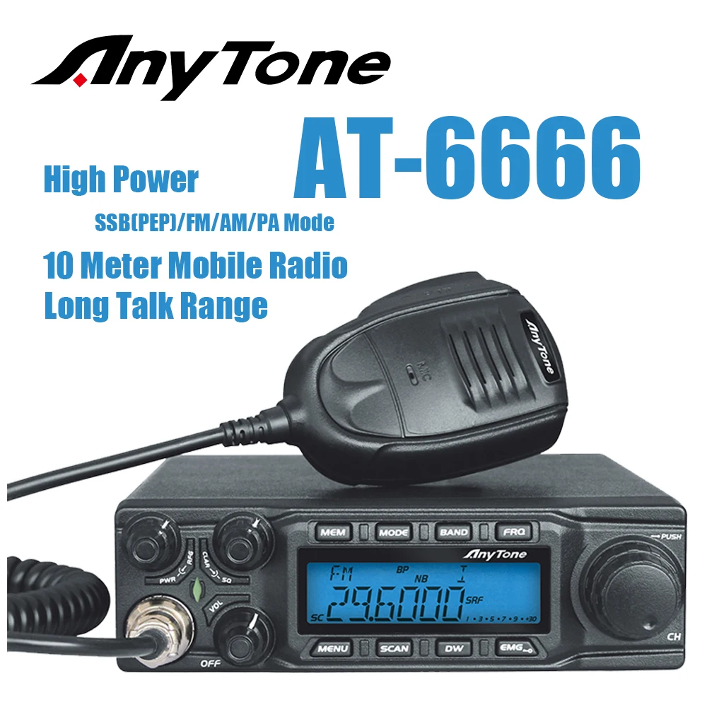 AnyTone AT-6666 10 Meter Radio High Power 15W/45W/60W  Mobile Radio SSB(PEP)/FM/AM/PA Mode Long Range Two Way Radio