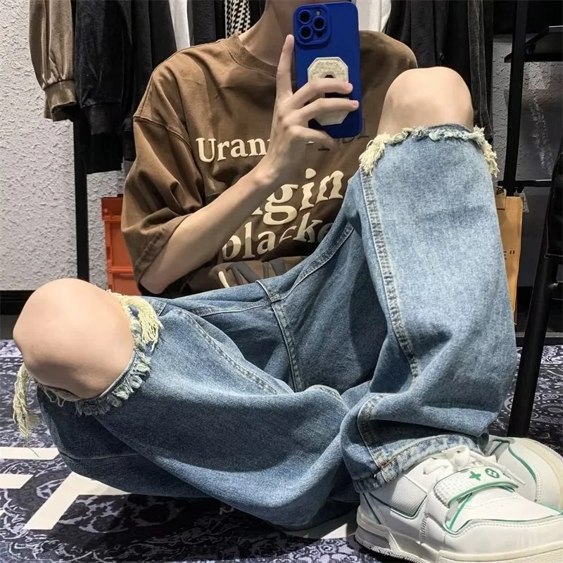 Summer Blue Ripped Jeans Men Fashion Casual Baggy Wide Leg Jeans Men Streetwear Hip Hop Loose Straight Denim Pants Mens Trousers