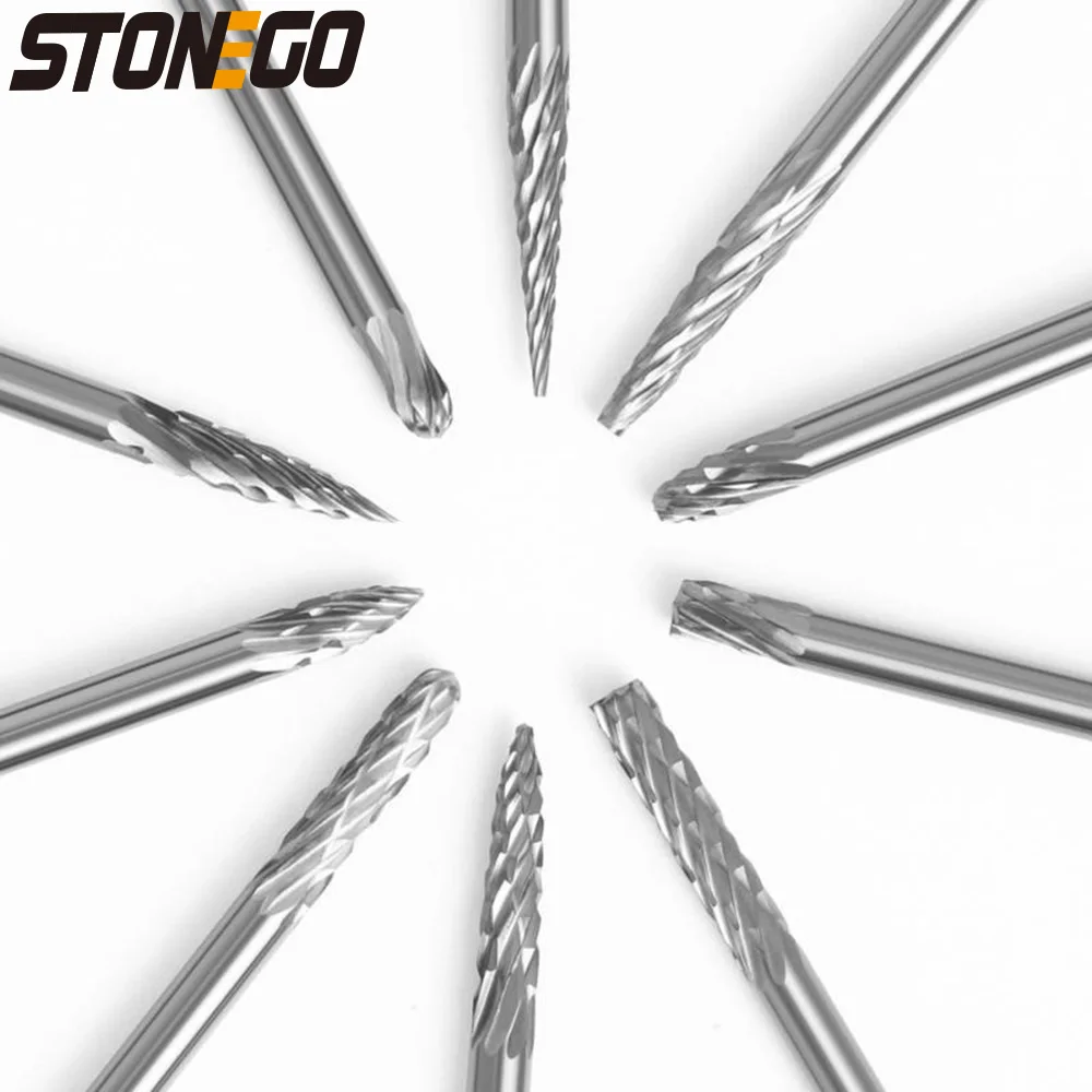

STONEGO Solid Carbide Burr Set, 10/20Pcs with 0.118" (3mm) Shank, Tungsten Carbide Rotary Files Burrs for Rotary Drill Grinders