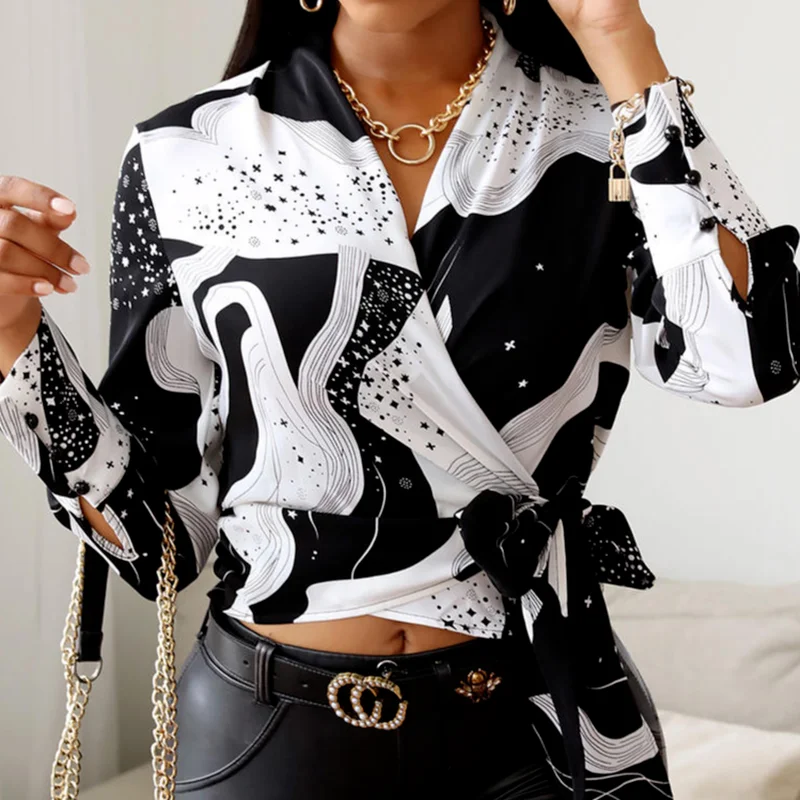 

Ladies Women's Ladies Side Tie Temperament Cow Print Tie Front Wrap-around Top V-neck Long Sleeve T-shirt 2021 New Colorblock