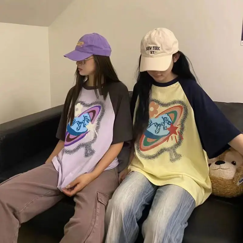 

Ins Retro Sweet Cool Color Patchwork Cartoon Print Loose Niche Shoulder Short Sleeve T-shirt Women Letter Summer Pullovers