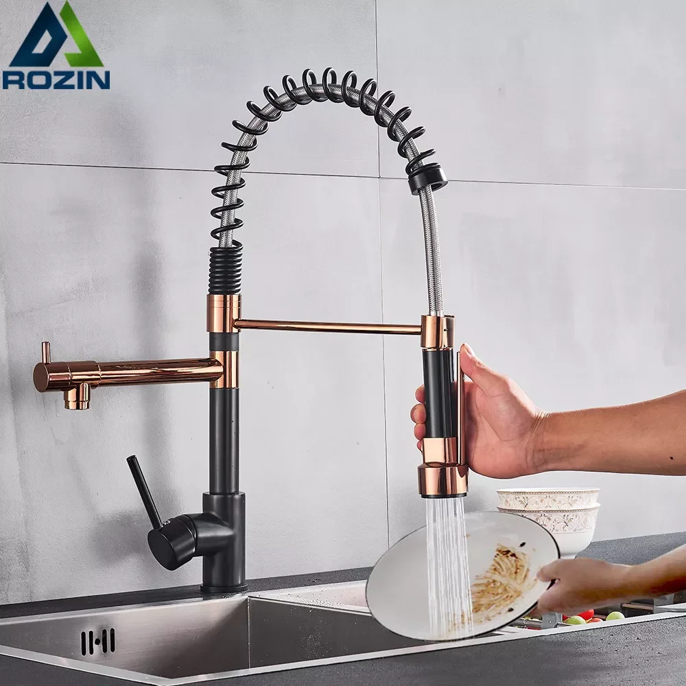 

Rozin Black and Rose Golden Spring Pull Down Kitchen Sink Faucet Hot & Cold Water Mixer Crane Tap with Dual Spout Deck Moun