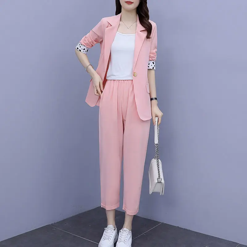 Spring and Summer Women's Suit Thin Temperament Small New Seven Point Sleeve Large Nine Trousers Three Piece