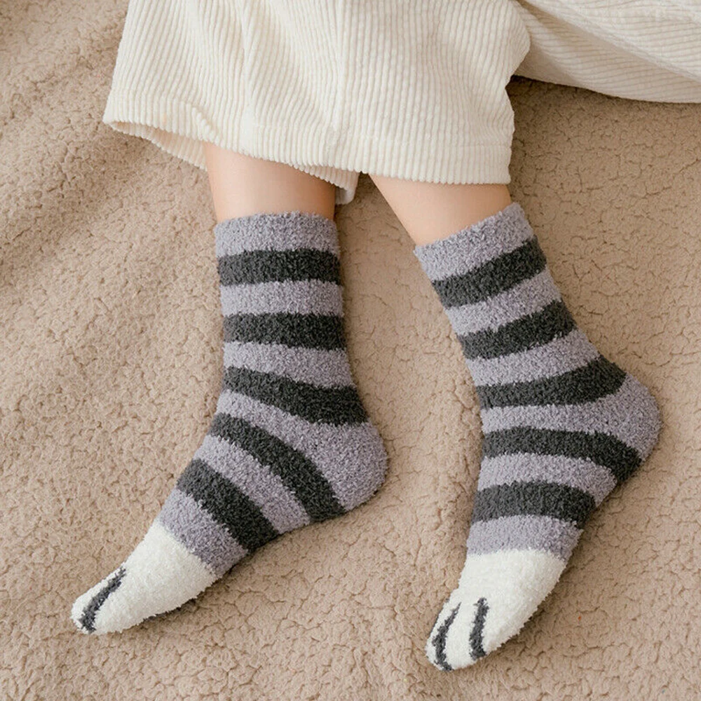 

Cartoon Cat Claws Socks For Women Girls Home Floor Sleeping Fleece Warm Funny Socks Casual Winter Fluffy Microfiber Crew Socks