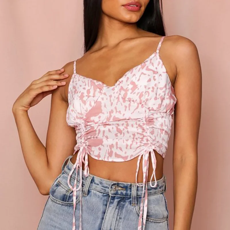 

New Slim Fit Backless Camouflage Top Short V-neck Tie Dyed Pleated Four Side Suspender Sexy Hollow Out Bandage Crop Tops Women
