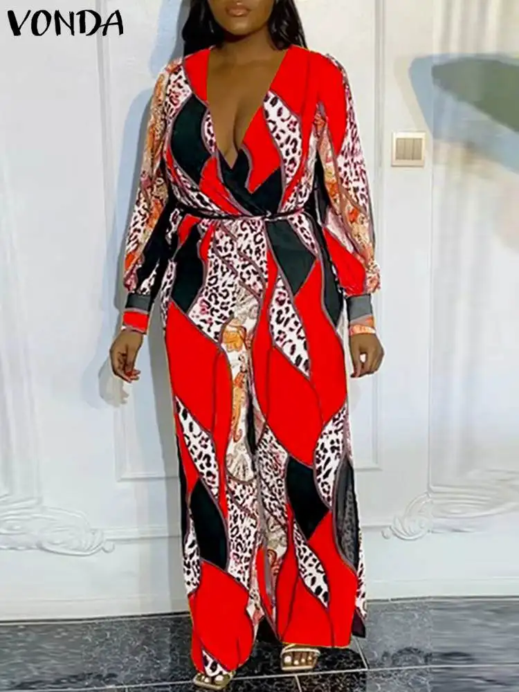 

VONDA 2022 Wide Leg Jumpsuits With Polyester Women Loose Rompers Party Playsuit Long Sleeve Print Holiday Overalls Pantalones