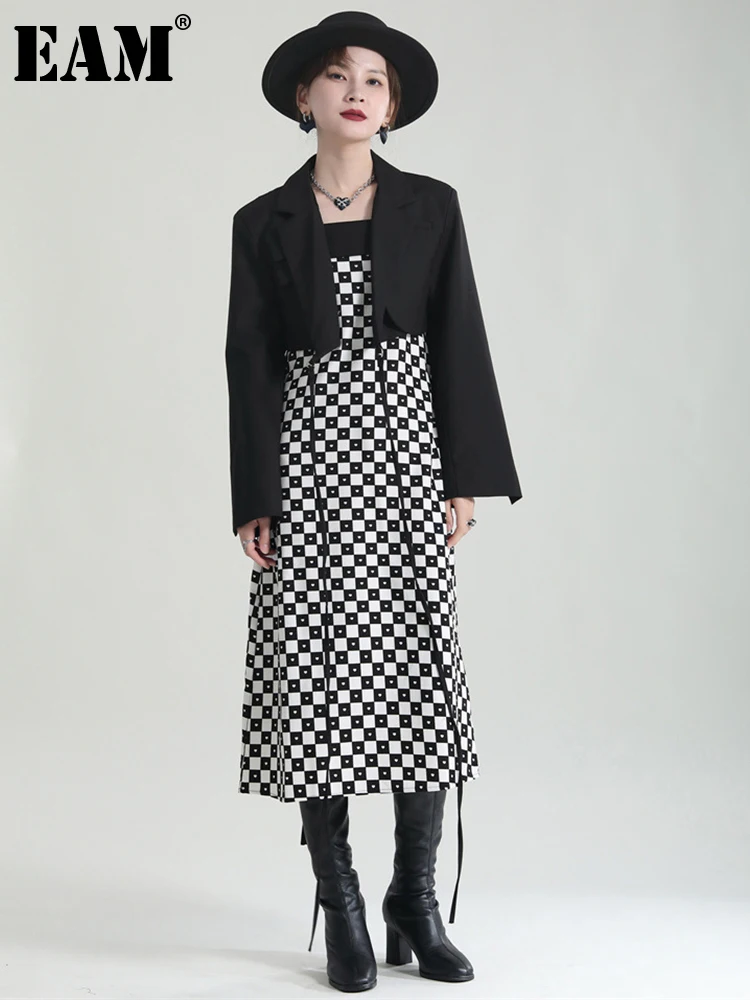 

[EAM] Women Black Plaid Elegant Long Spaghetti Strap Dress New Sleeveless Loose Fit Fashion Tide Spring Autumn 2022 1DE6558