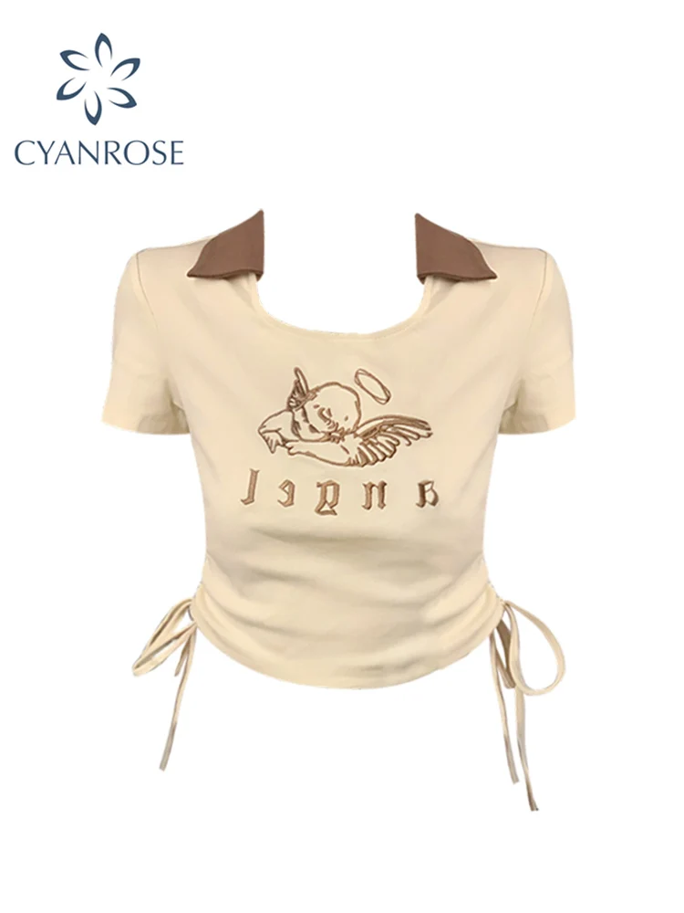 

2022 Women Fashion Crop Top Shirt E-Girl Short Sleeve Polo-Neck Vintage T-shirt Casual Slim Ladies Print Tees All-match Summer