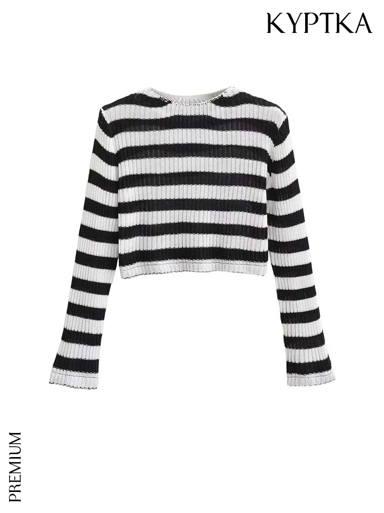 

Женский полосатый Укороченный трикотажный свитер KYPTKA, винтажные пуловеры с круглым вырезом и длинным рукавом, шикарные топы