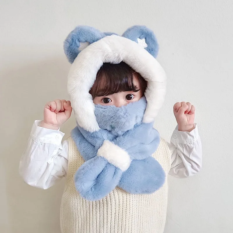 

Зимняя Детская плюшевая шапка и шарф, детские теплые утепленные кашемировые аксессуары для мальчиков и девочек для улицы и снегозащиты, милые