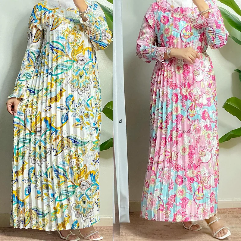 Floral Printed Abaya Pleated Long Dress Women Ethnic Moroccan Kaftan Muslim African Dresses Islam Dubai Turkish Modest Abayas