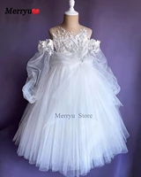 tulle flower girl dress lace appliques off shoulder long sleeve for wedding birthday ball gown first holy communion dresses