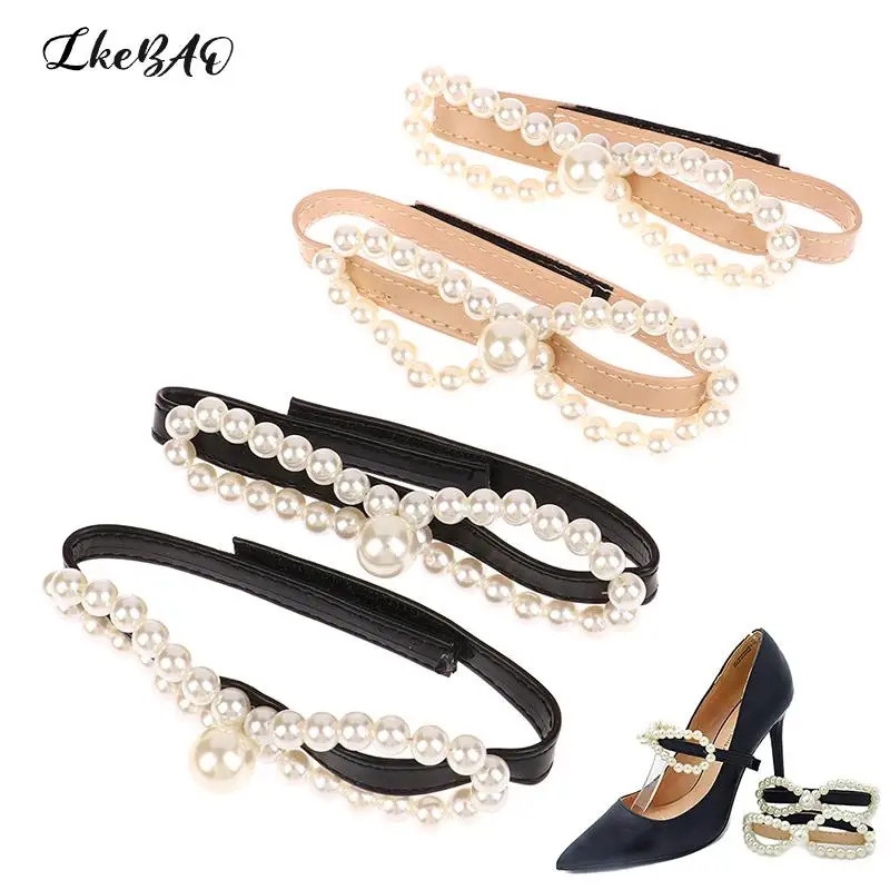 

1Pair Pearl Bow Tie Shoeslace Shoe Accessories High Heels Shoe Lace Elastic Band Anti Falling Heel Non-Slip Belt Strap