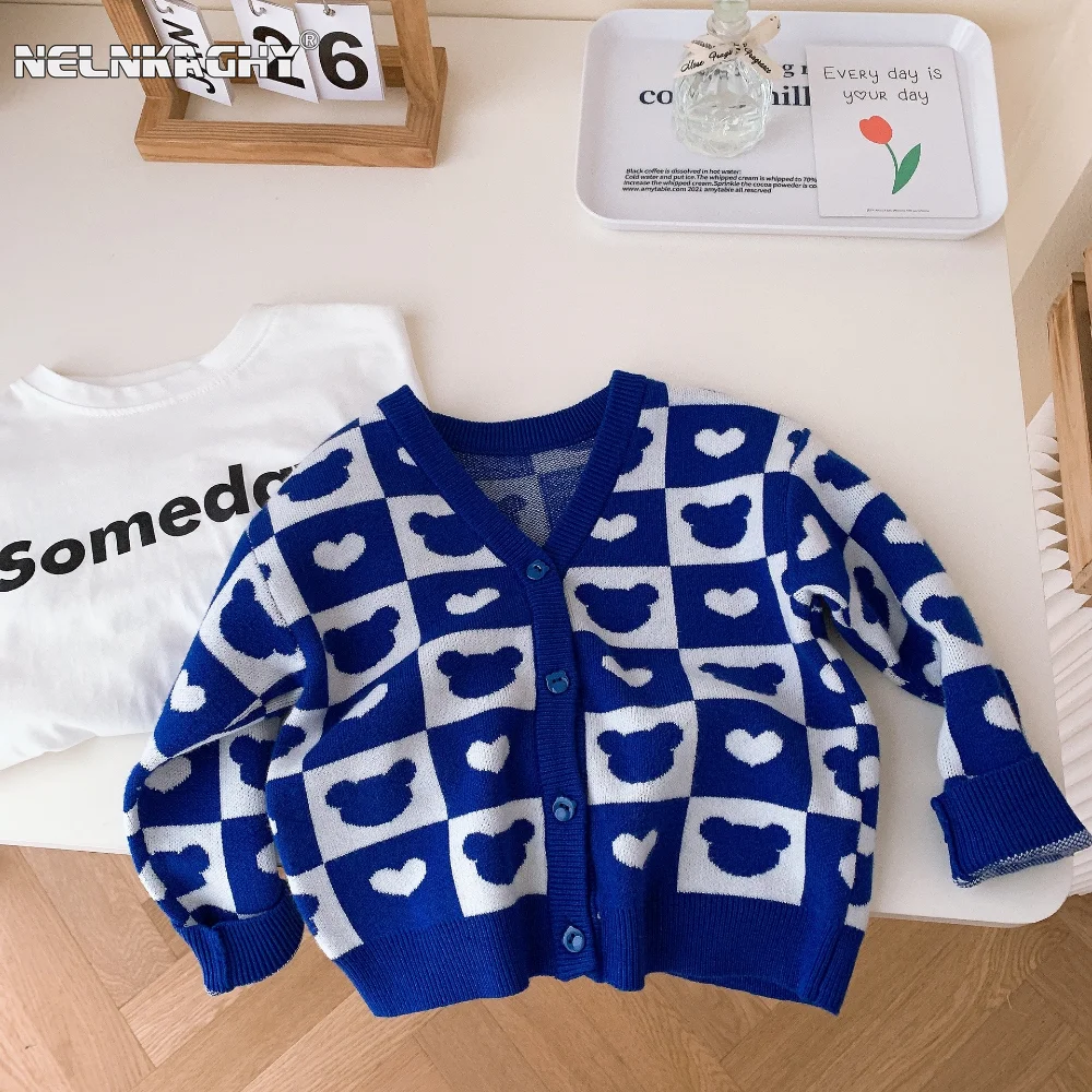 

2023 Autumn Kids Baby Girls Boys Full Sleeve Single-breasted Top Knitted Coat Children Klein Blue Sweater Toddler Outwear 6M-7Y