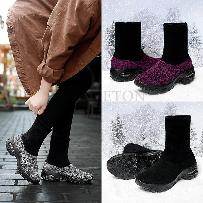 Women Snow Boots   Knitting Solid Color Round Shape Breathable Keep Warm Add Cotton Air Cushion   Shoes
