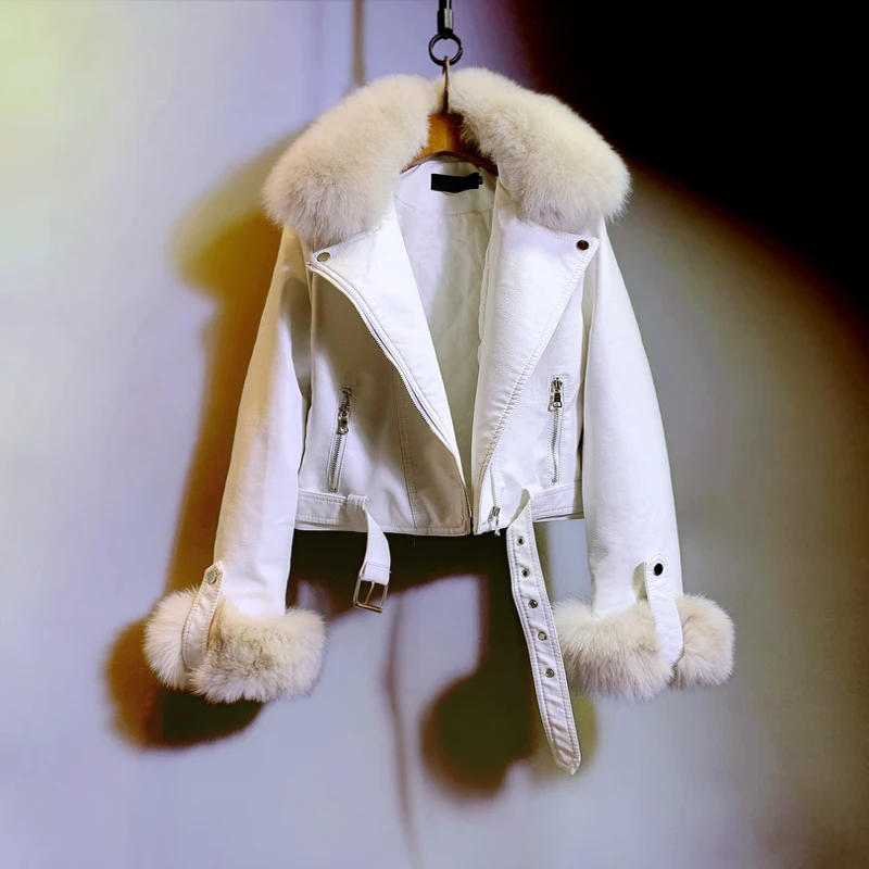 Fashion Leather Jacket Woman 2022 Autumn and Winter Motorcycle Women's Handsome Real Fox Fur Slim Pu Leather Short Coat Women