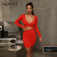 long sleeve v neck cross hollow out mini dress for women 2021 autumn winter party bodycon solid club elegant fashion dresses