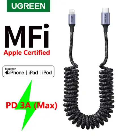 Автомобильный пружинный выдвижной кабель Ugreen MFI с USB C на Lightning для iPhone 13 12 11 xs xr 8 Apple ipad, зарядное устройство PD для быстрой зарядки и передачи д...