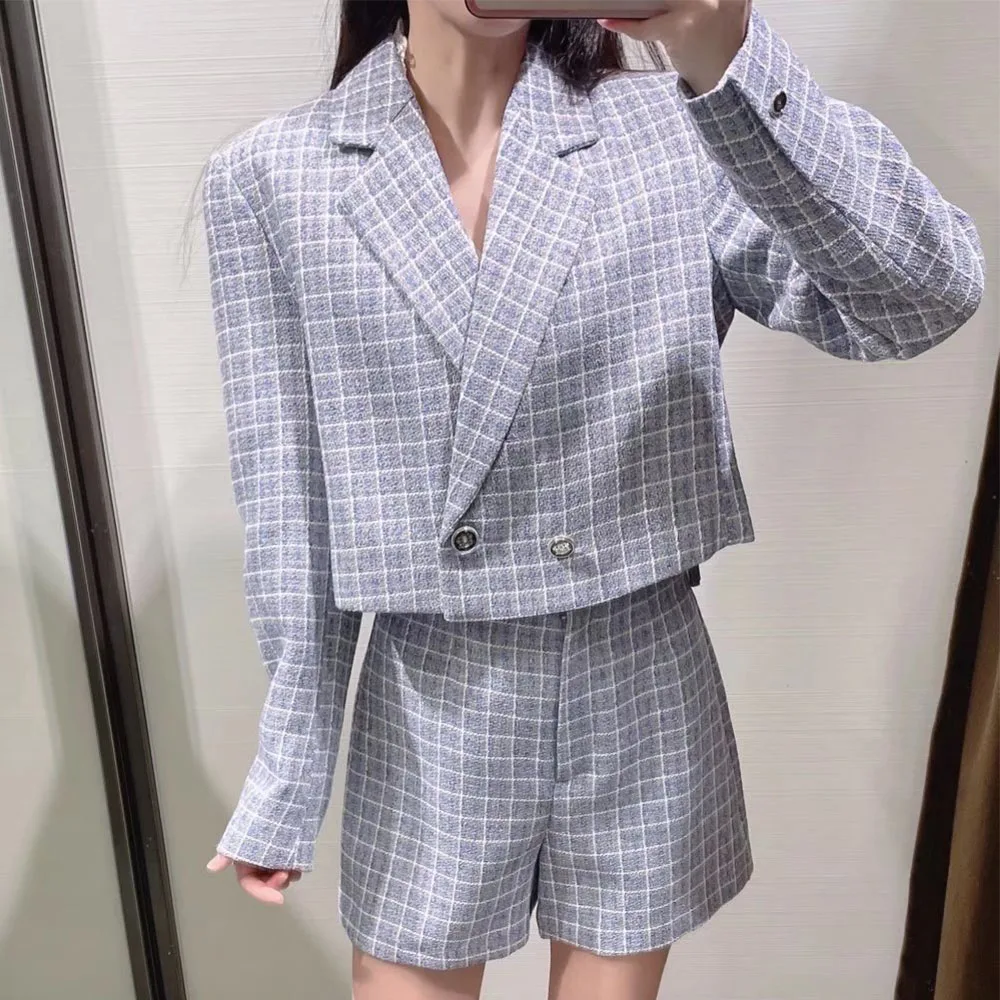 

Женский двубортный блейзер в клетку DiYiG, укороченный блейзер в стиле ретро с отложным воротником и длинным рукавом, весна 2022