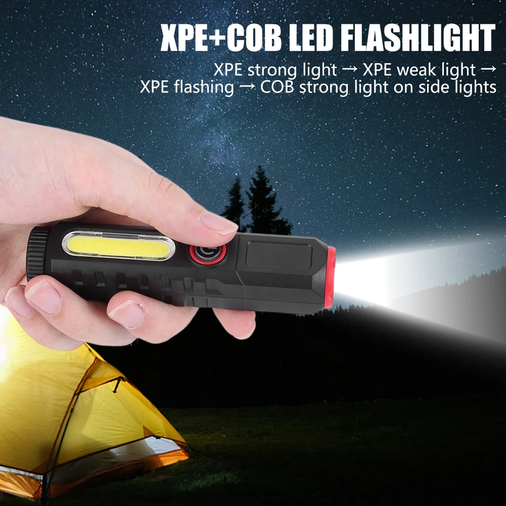 

Мощный фонарик XPE, USB Перезаряжаемый телескопический зум, фонарик, 4 режима, COB, яркая тактическая вспышка для кемпинга на открытом воздухе