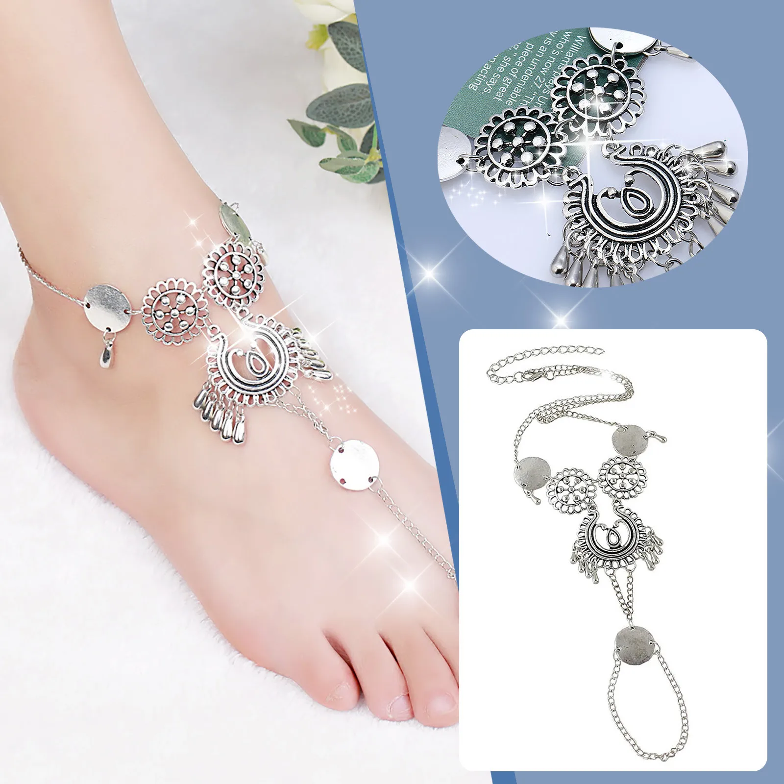 

Fashion Personality Temperament Retro Exaggerated Hollow Carved Water Drop Tassel Anklet Anklet Matching Rings