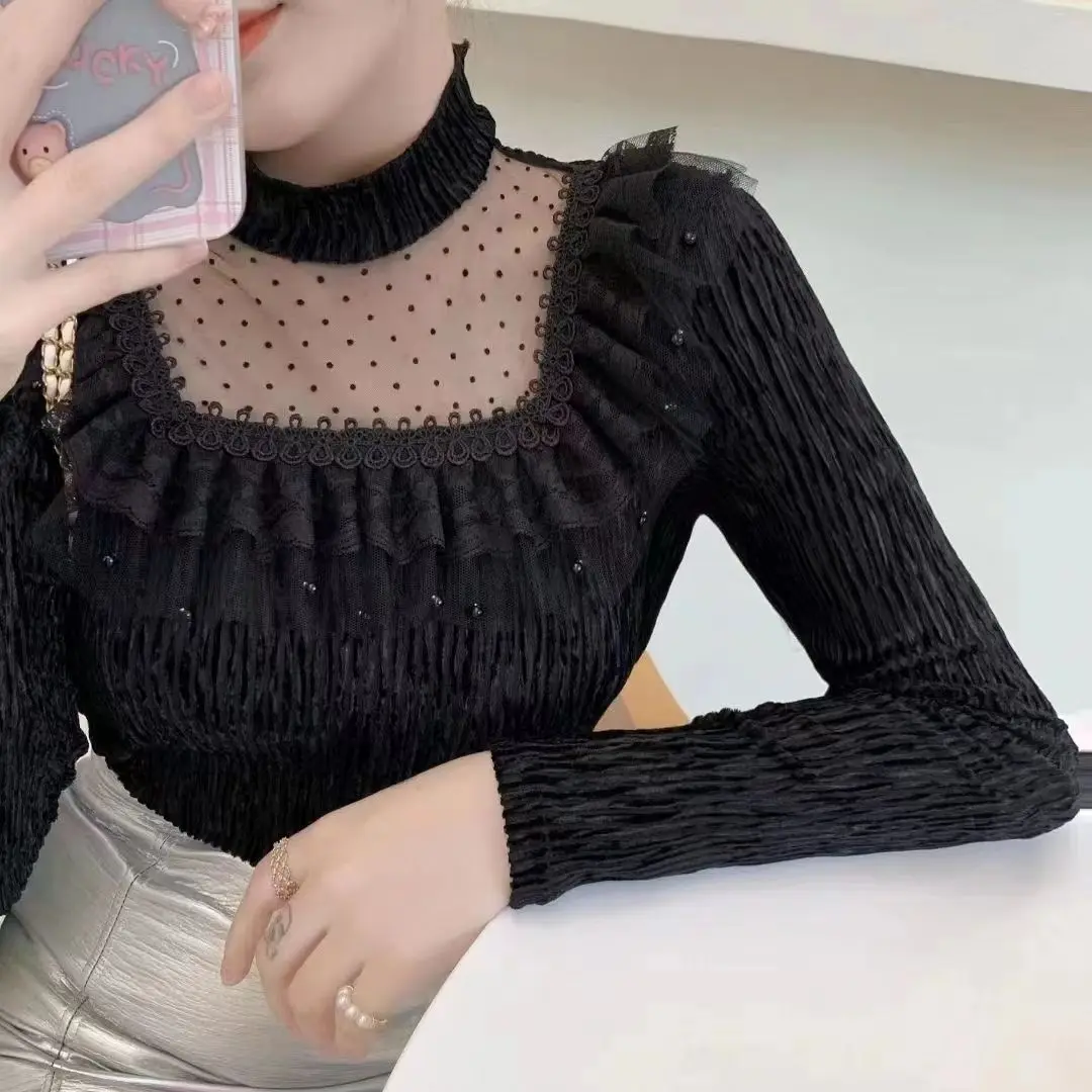 

2023 Spring and Autumn New Sexy Foreign Style Small Sweatshirt Gold Velvet Top Exquisite Mesh Half High Collar Underlay Sweater