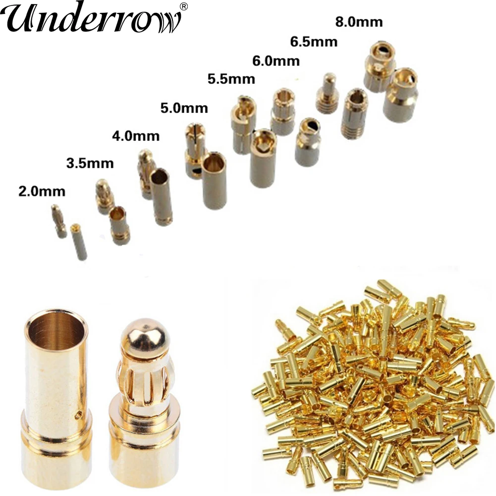 

40pcs/lot 2.0mm 3.0mm 3.5mm 4.0mm 5.5mm 6.0mm 8.0MM Gold Bullet Banana Connector plug for ESC Lipo RC battery Plugs (20 pair)