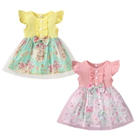 lovely toddler baby girls flying sleeve dress round neck floral pattern patchwork summer cotton a line two layer hem dresses