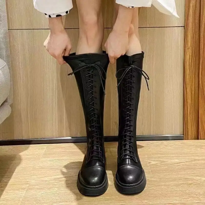 

Sexy Leather Thigh High Boots Women High Heels Over The Knee Boots for Women Round Toe Party Long Shoes Cross tied Womens Shoes