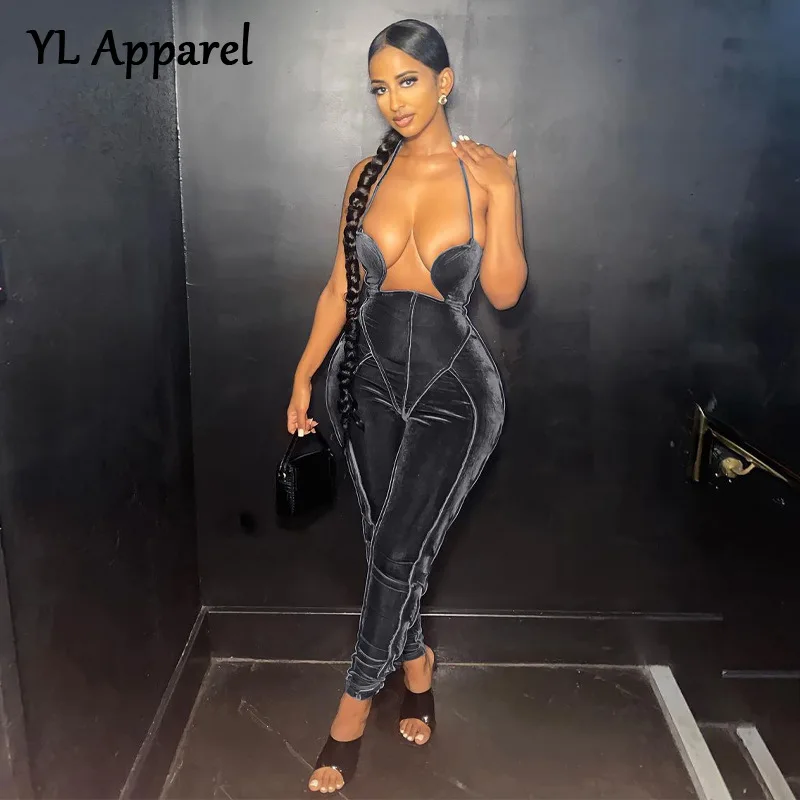 

Fashion Women Velvet Halter Lace-up Bodycon Jumpsuits Party Nightclub Wear Female Sexy 2022 Backless Hollow Out Overalls Gray