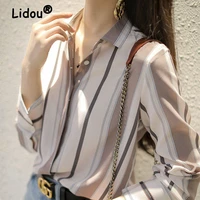 beige stripes elegant professional chiffon blouse 2022 summer fashion korean style shirt turn down collar long sleeve clothing
