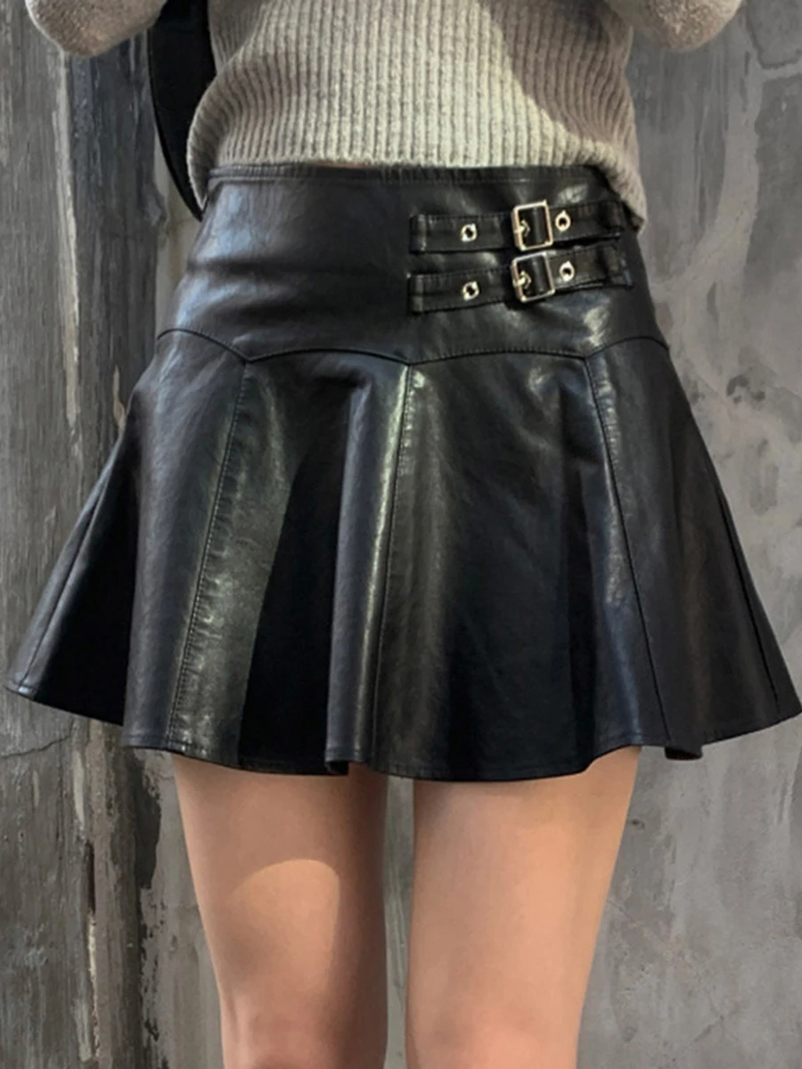 

wsevypo Gothic Grunge Black Faux Leather Mini Skirt Fall Winter Women High Waist Flared A-line Skirts Punk Grunge Streetwear
